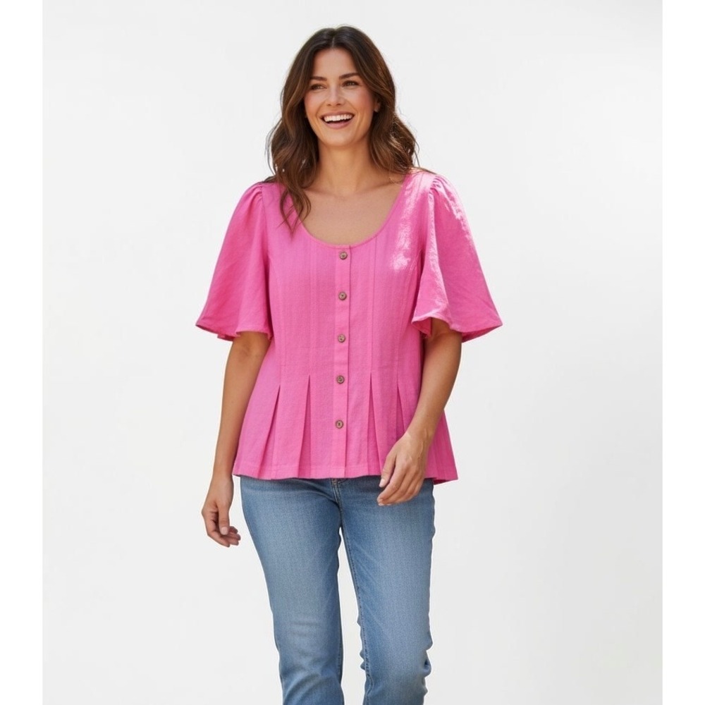 Umgee USA Pink Button Down Peplum Top Flutter Sleeve Smocked Back Linen Cotton L
